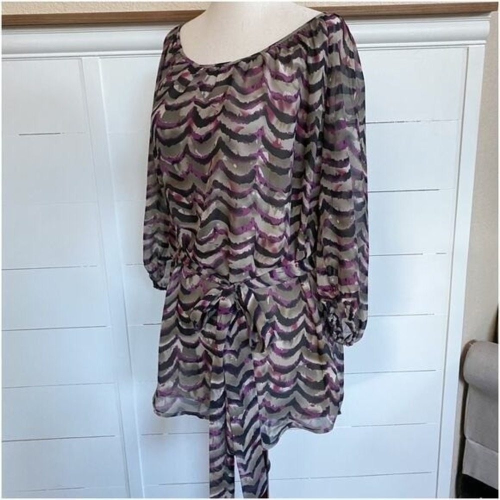 Daniel Rainn Purple Abstract Scallop Wave Sheer Chiffon Tunic Top Belted Medium - Picture 7 of 12